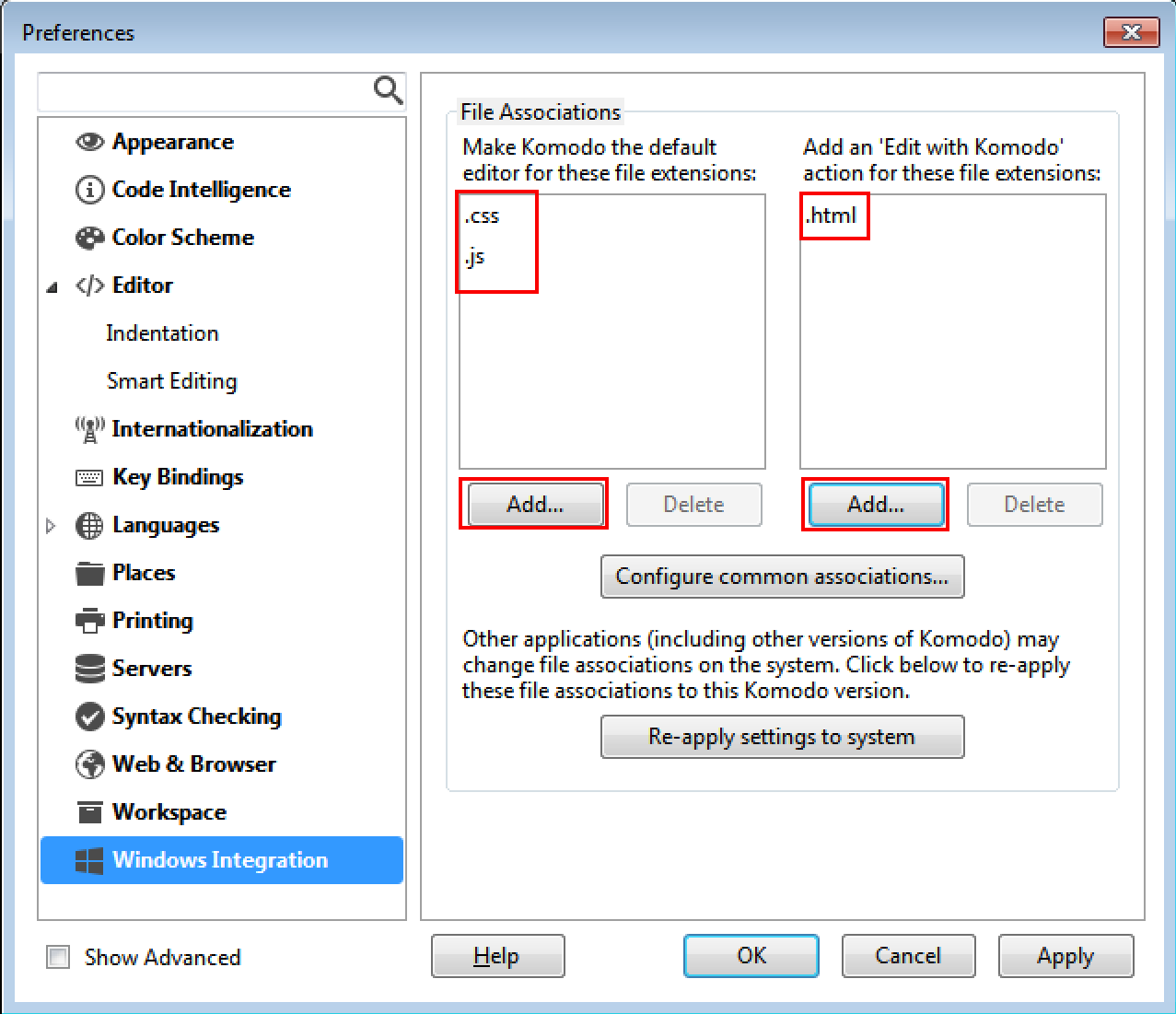 Windows Komodo Preferences for File Associations