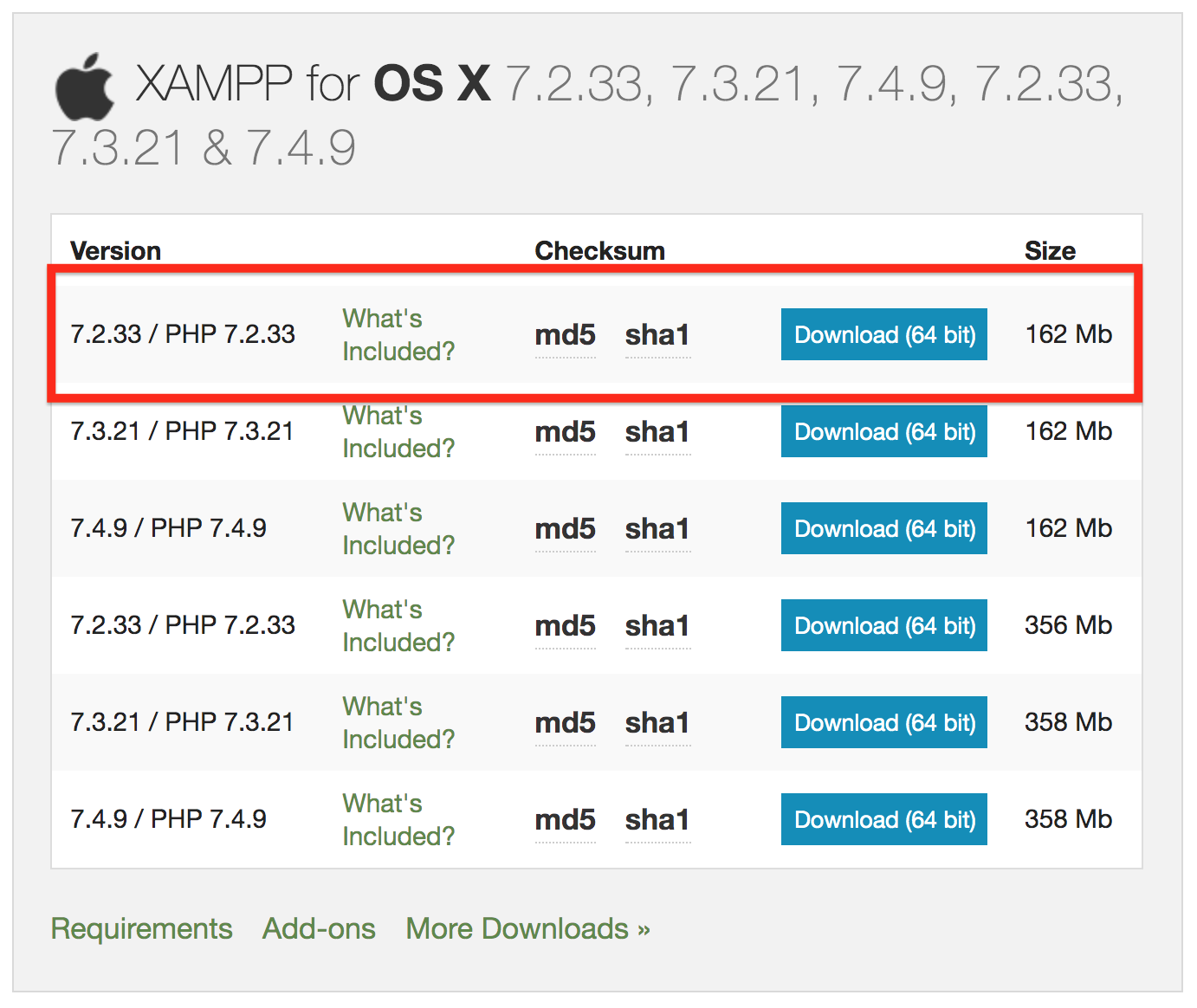 install XAMPP version 7.2.33 